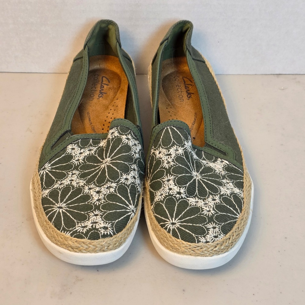 Clarks Collection Slip Ons Womens 7 Olive Green Floral Embroidered Espadrille